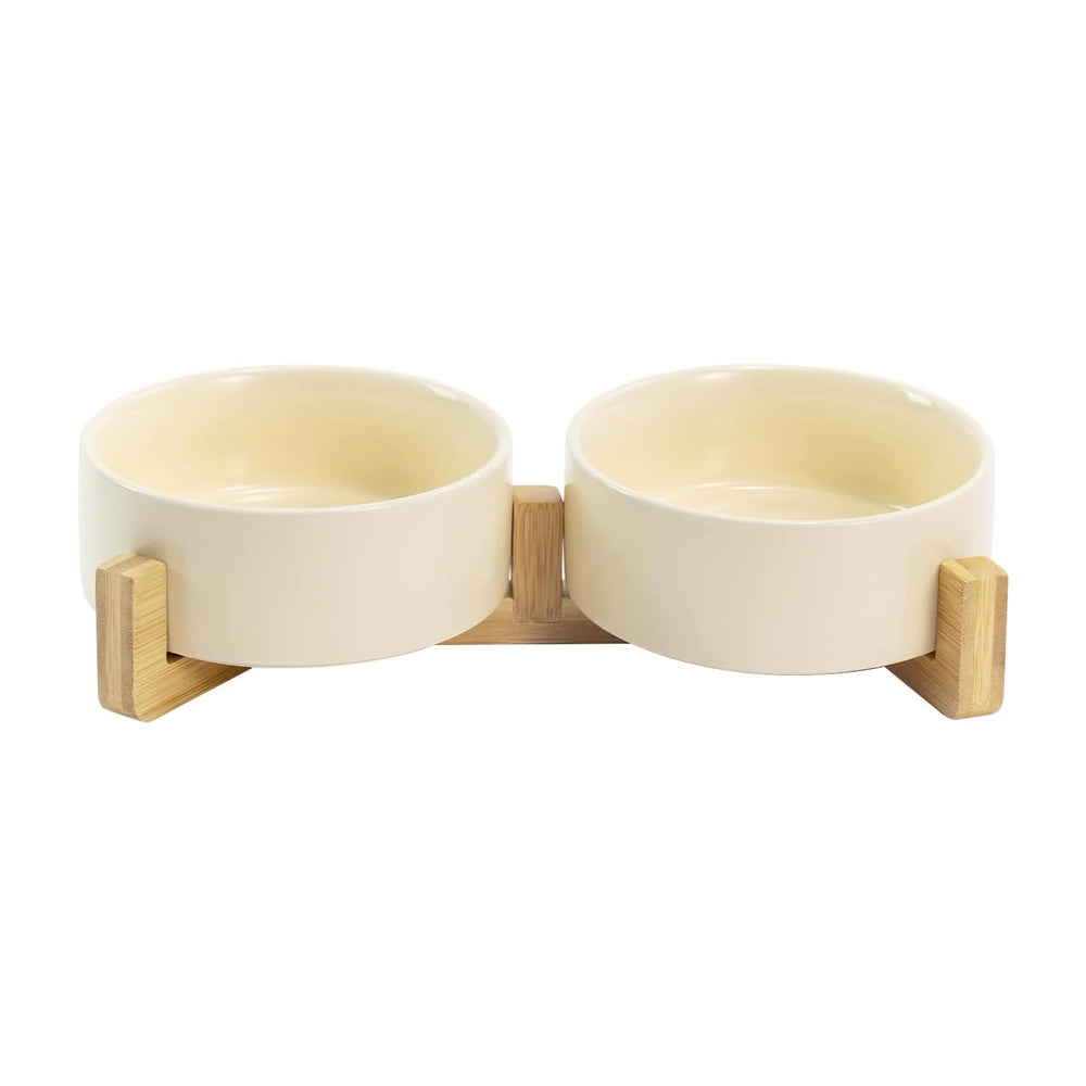 Ceramic Pet Bowl Set with Wooden Stand