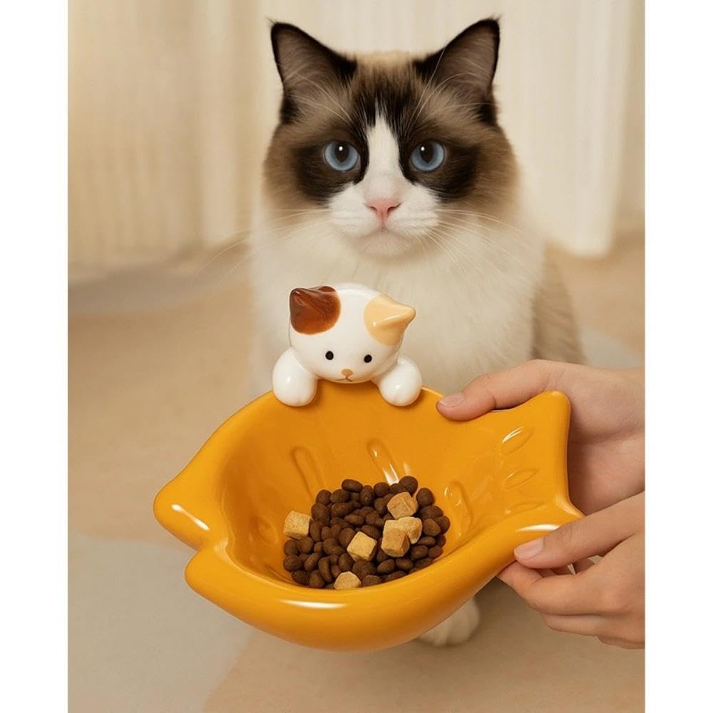 Fish-Shaped Ceramic Cat Bowl