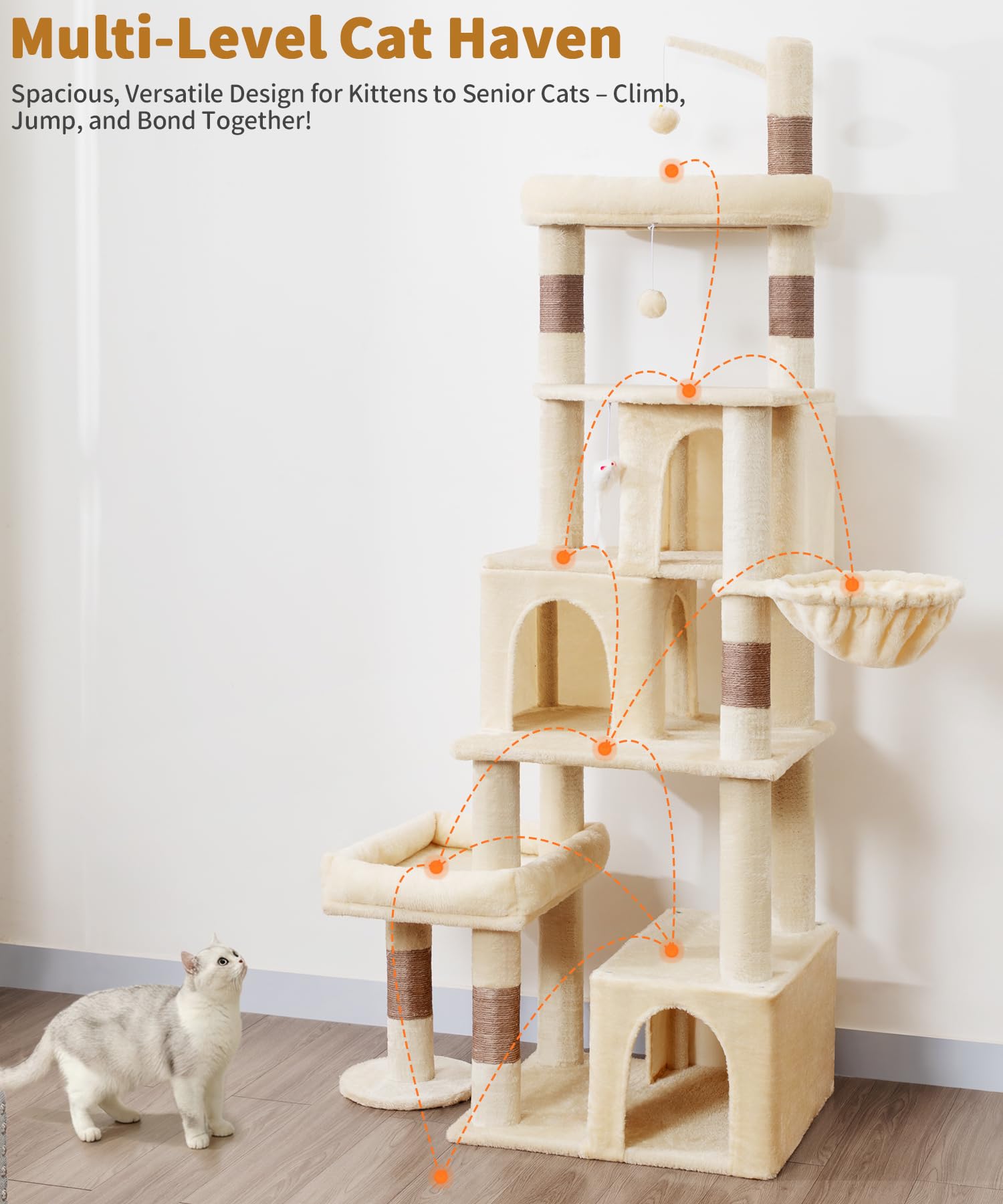 LIKISAK Heavy Duty Cat Tree for Indoor Cat, 74 Inch Cat Tower with Scratching Post, Hanging Basket, Cat Condo with Large Platform for Large Cats