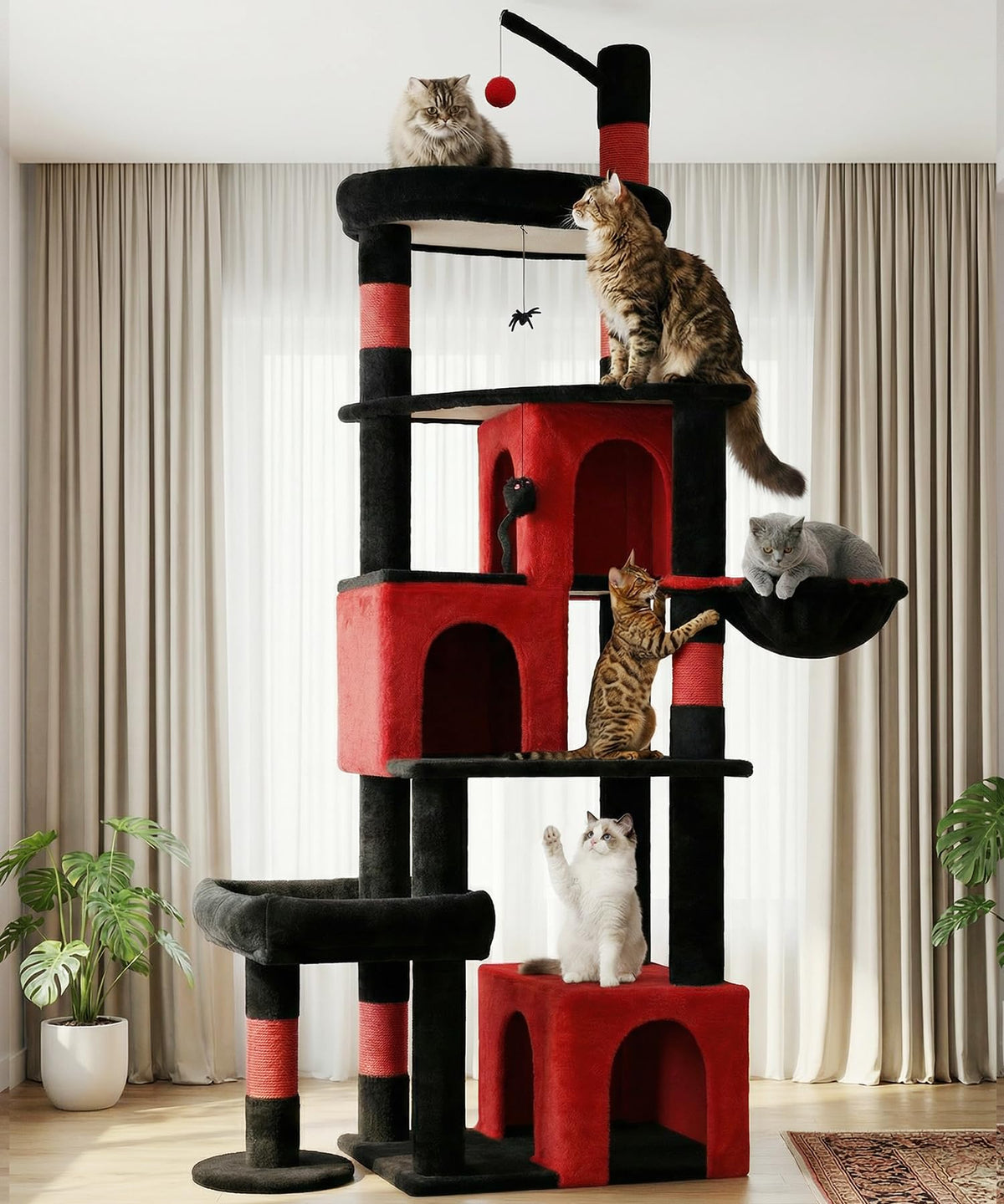 LIKISAK Heavy Duty Cat Tree for Indoor Cat, 74 Inch Cat Tower with Scratching Post, Hanging Basket, Cat Condo with Large Platform for Large Cats