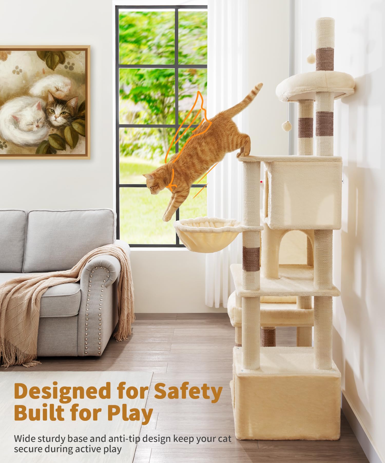 LIKISAK Heavy Duty Cat Tree for Indoor Cat, 74 Inch Cat Tower with Scratching Post, Hanging Basket, Cat Condo with Large Platform for Large Cats