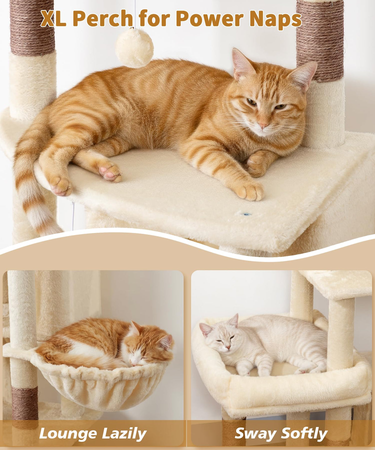 LIKISAK Heavy Duty Cat Tree for Indoor Cat, 74 Inch Cat Tower with Scratching Post, Hanging Basket, Cat Condo with Large Platform for Large Cats