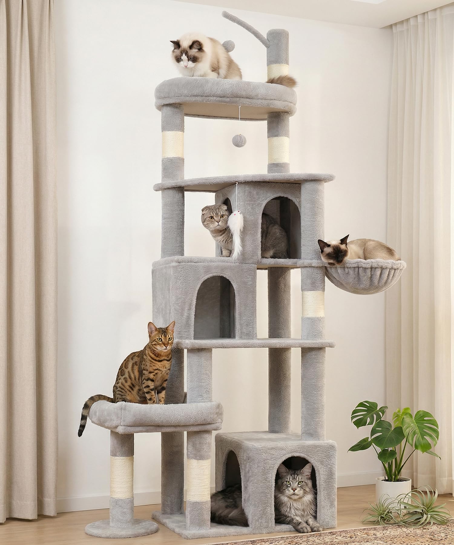 LIKISAK Heavy Duty Cat Tree for Indoor Cat, 74 Inch Cat Tower with Scratching Post, Hanging Basket, Cat Condo with Large Platform for Large Cats