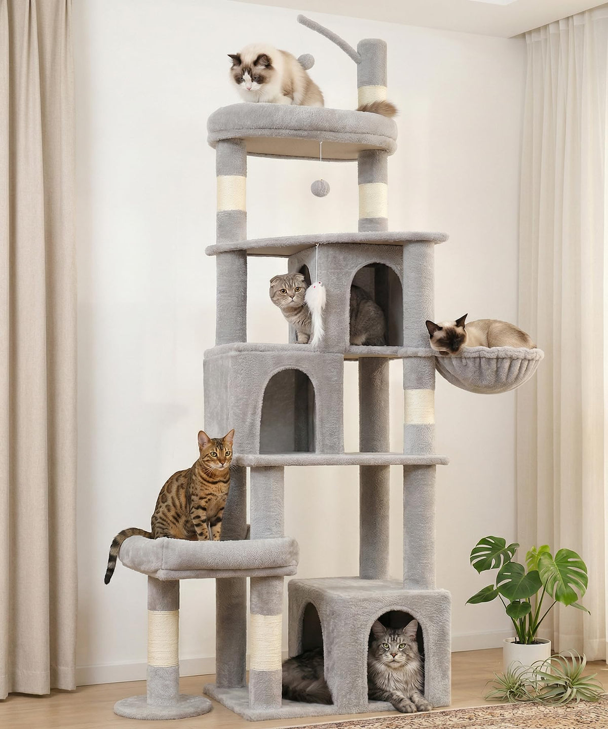 LIKISAK Heavy Duty Cat Tree for Indoor Cat, 74 Inch Cat Tower with Scratching Post, Hanging Basket, Cat Condo with Large Platform for Large Cats