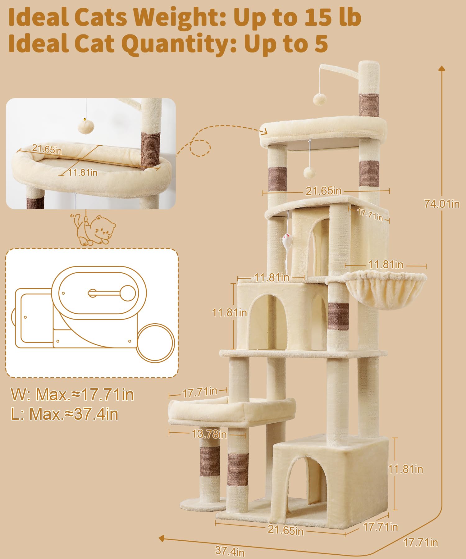 LIKISAK Heavy Duty Cat Tree for Indoor Cat, 74 Inch Cat Tower with Scratching Post, Hanging Basket, Cat Condo with Large Platform for Large Cats