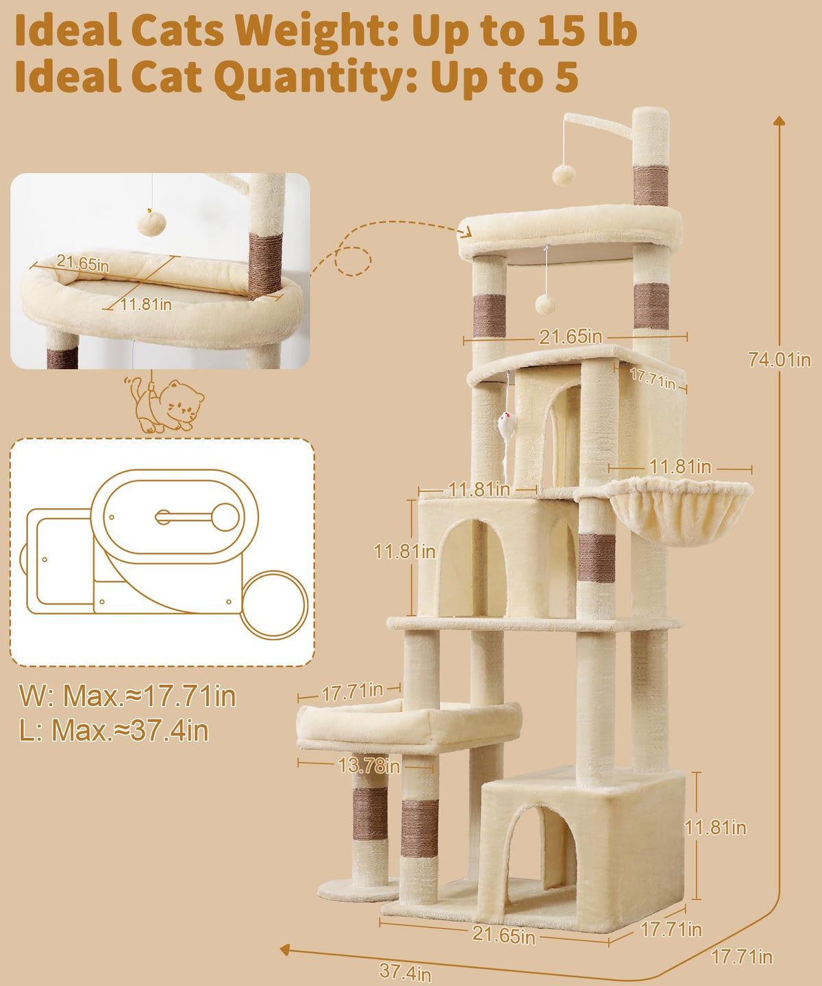 LIKISAK Heavy Duty Cat Tree for Indoor Cat, 74 Inch Cat Tower with Scratching Post, Hanging Basket, Cat Condo with Large Platform for Large Cats