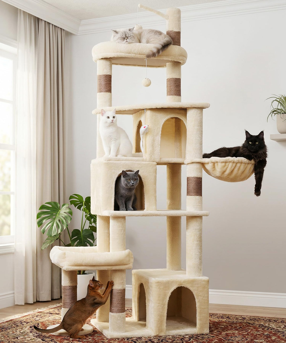 LIKISAK Heavy Duty Cat Tree for Indoor Cat, 74 Inch Cat Tower with Scratching Post, Hanging Basket, Cat Condo with Large Platform for Large Cats