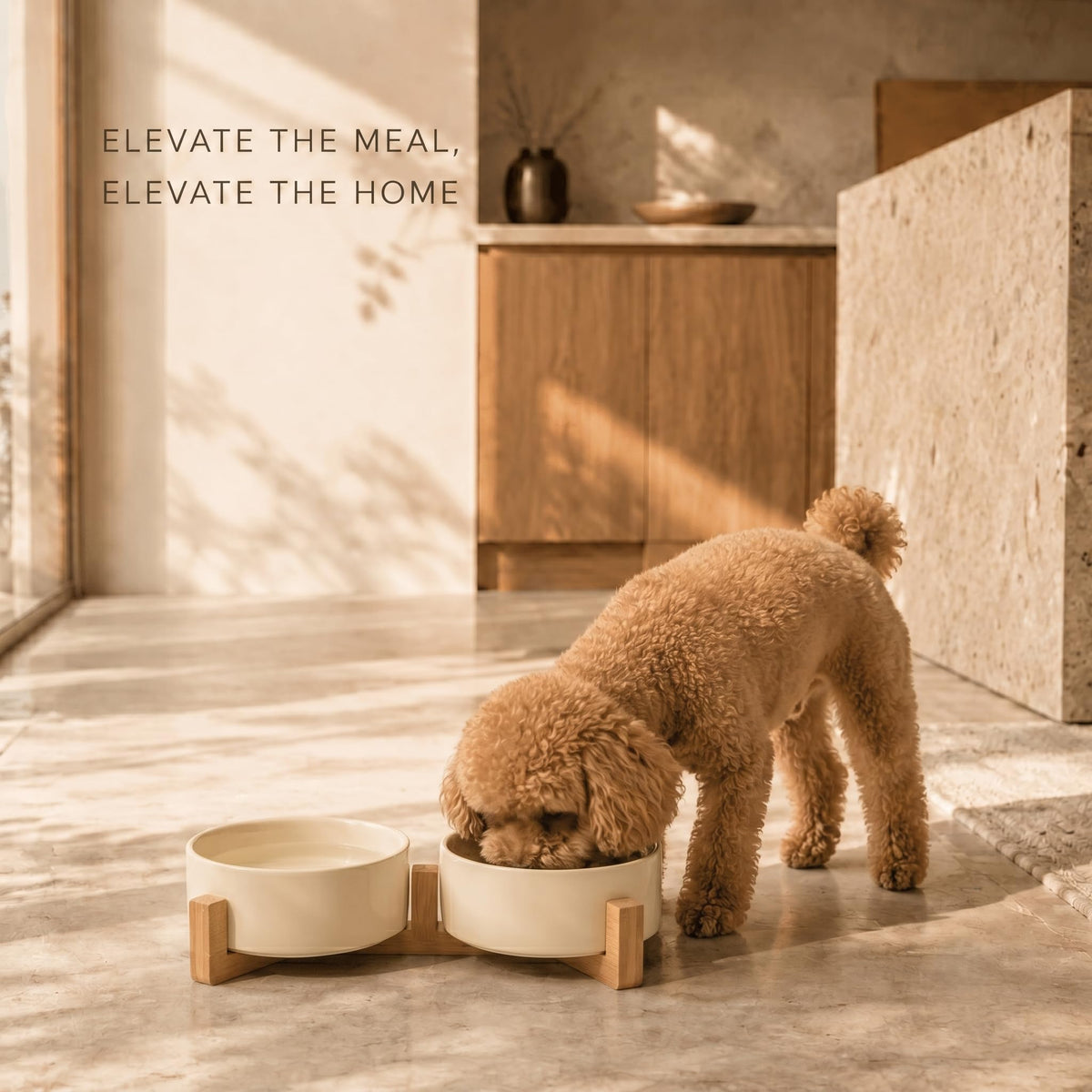 Ceramic Pet Bowl Set with Wooden Stand