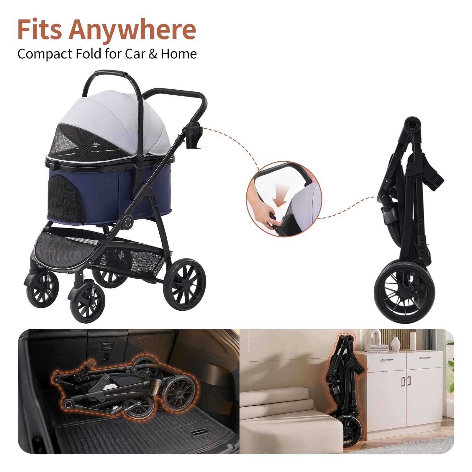 3-in-1 Foldable Pet Stroller with Removable Carrier