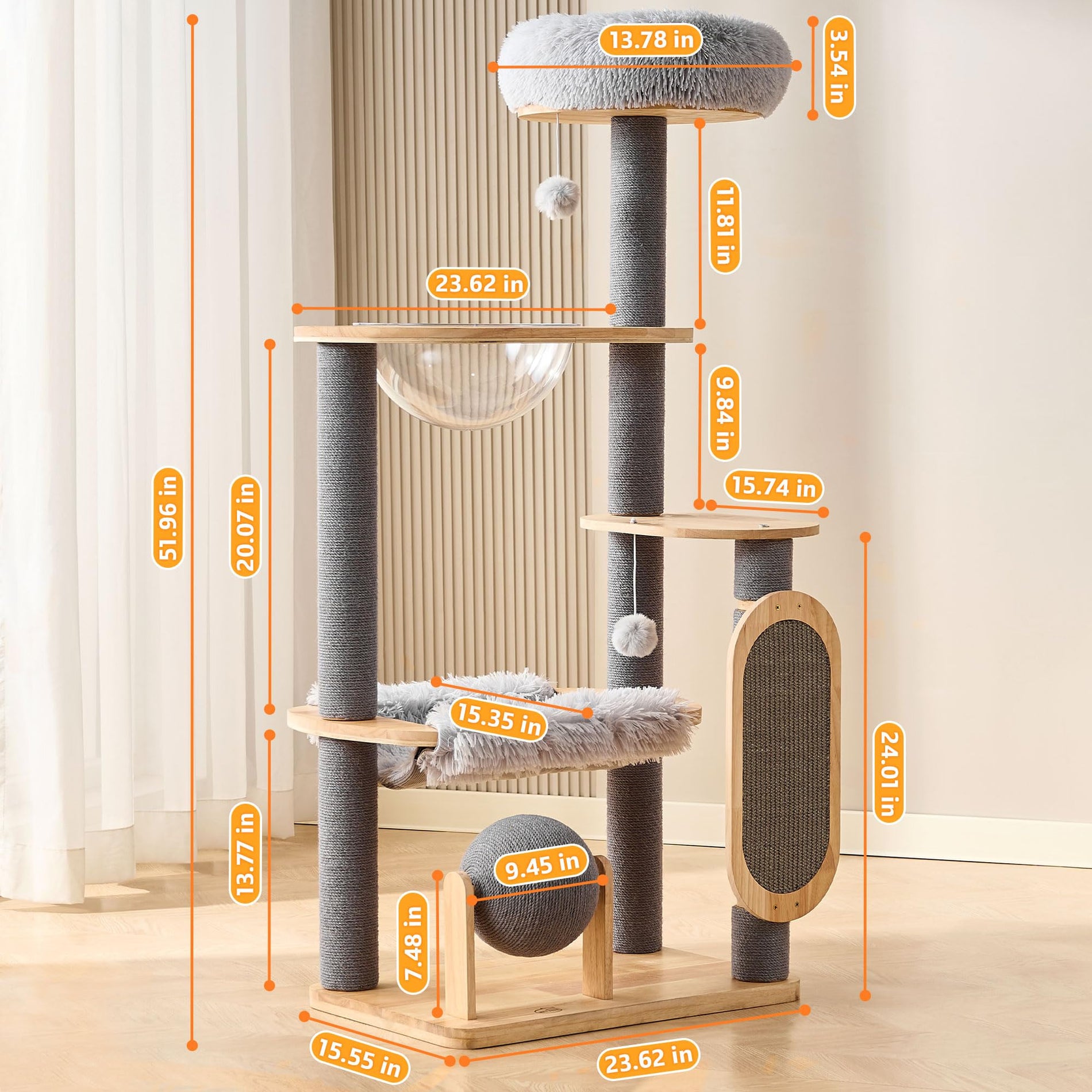 53" Solid Wood Cat Tree Tower with Space Capsule