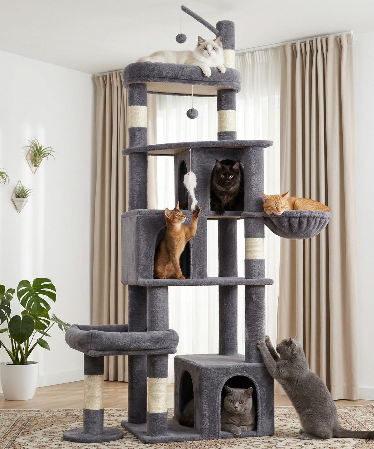 LIKISAK Heavy Duty Cat Tree for Indoor Cat, 74 Inch Cat Tower with Scratching Post, Hanging Basket, Cat Condo with Large Platform for Large Cats