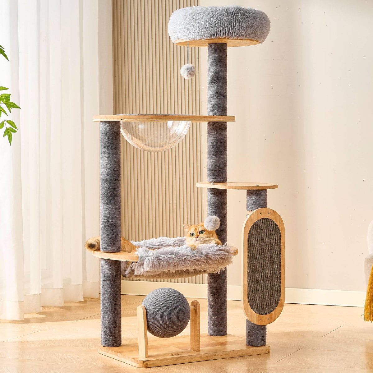 53" Solid Wood Cat Tree Tower with Space Capsule