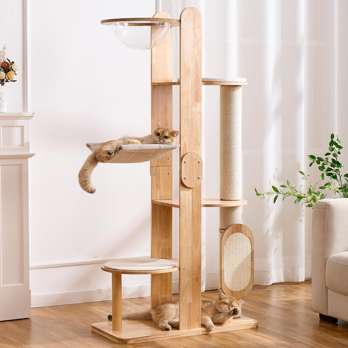 53" Solid Wood Cat Tree Tower with Space Capsule
