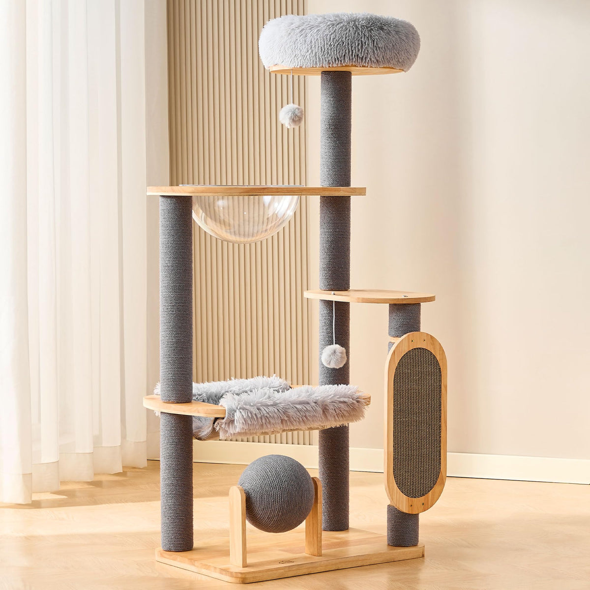 53" Solid Wood Cat Tree Tower with Space Capsule