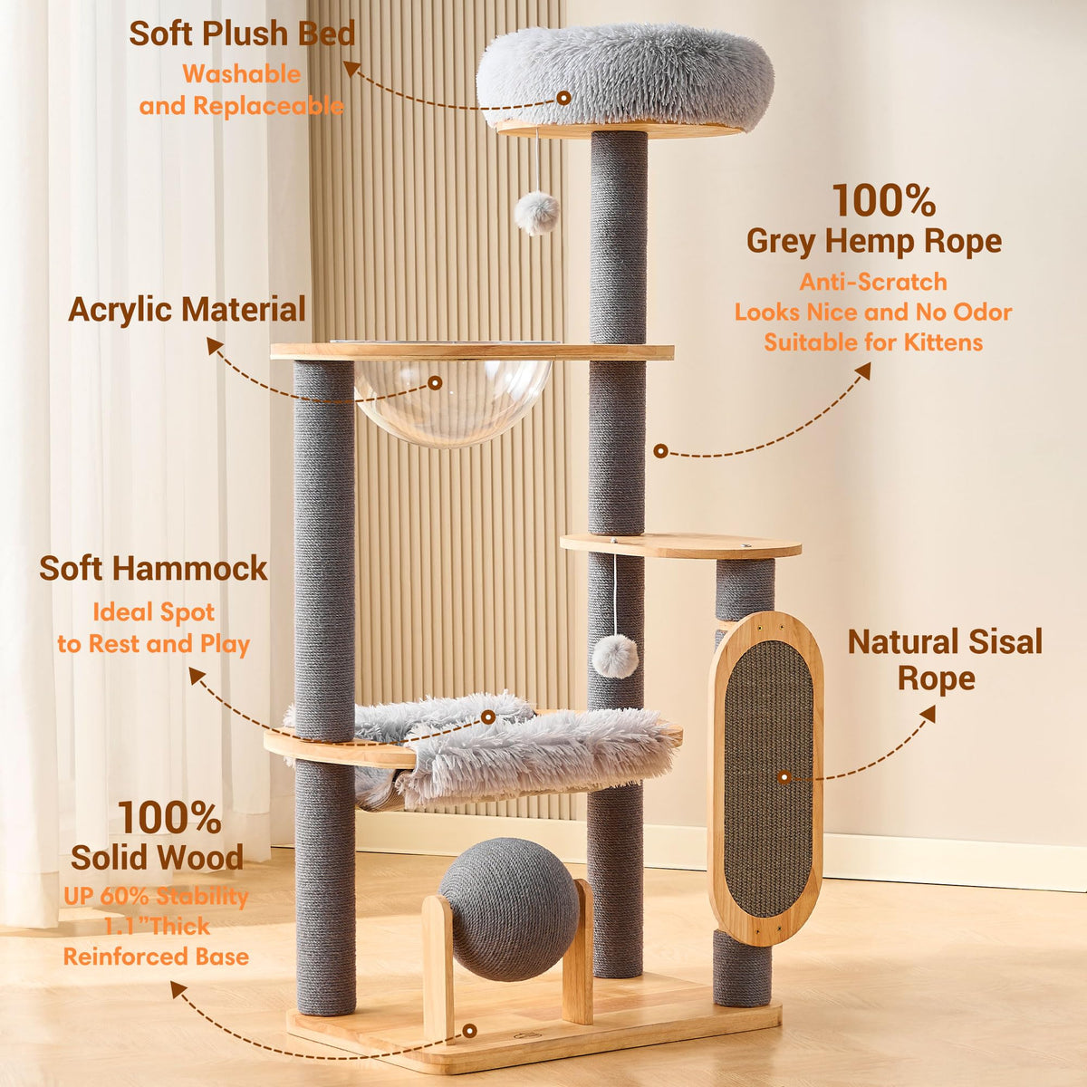53" Solid Wood Cat Tree Tower with Space Capsule