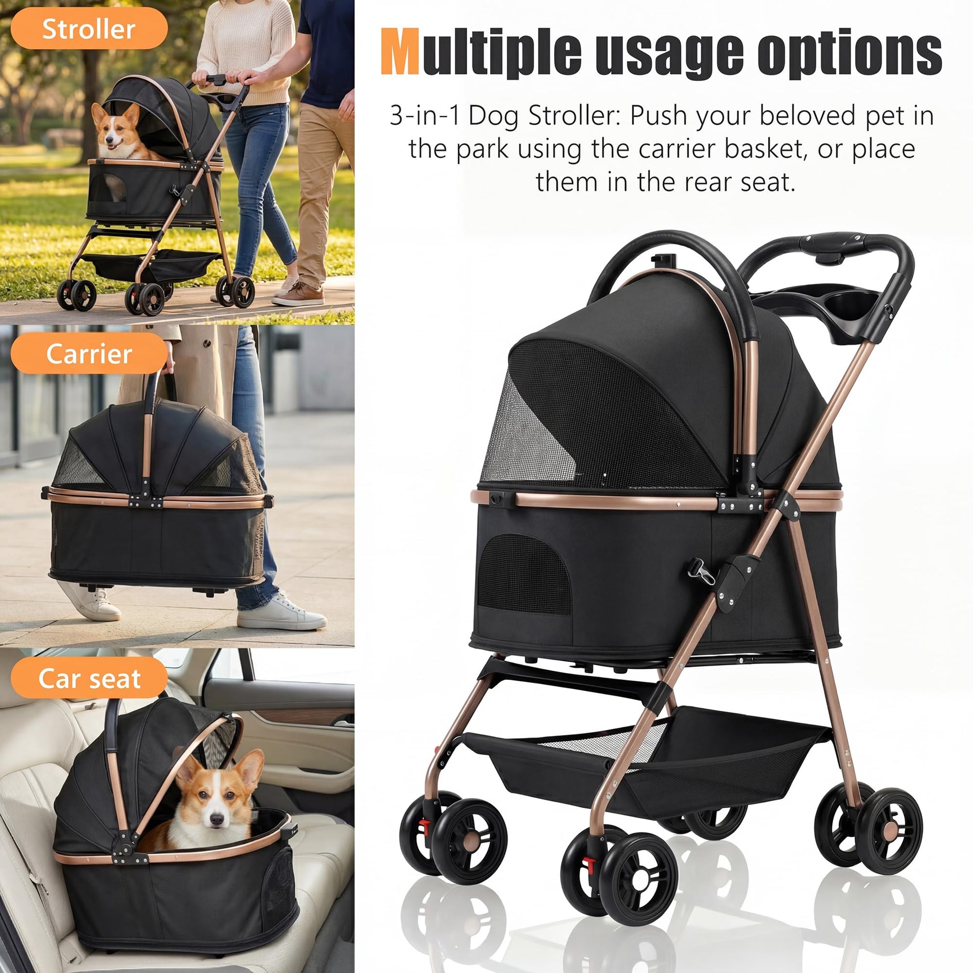 Foldable Pet Stroller with Removable Carrier