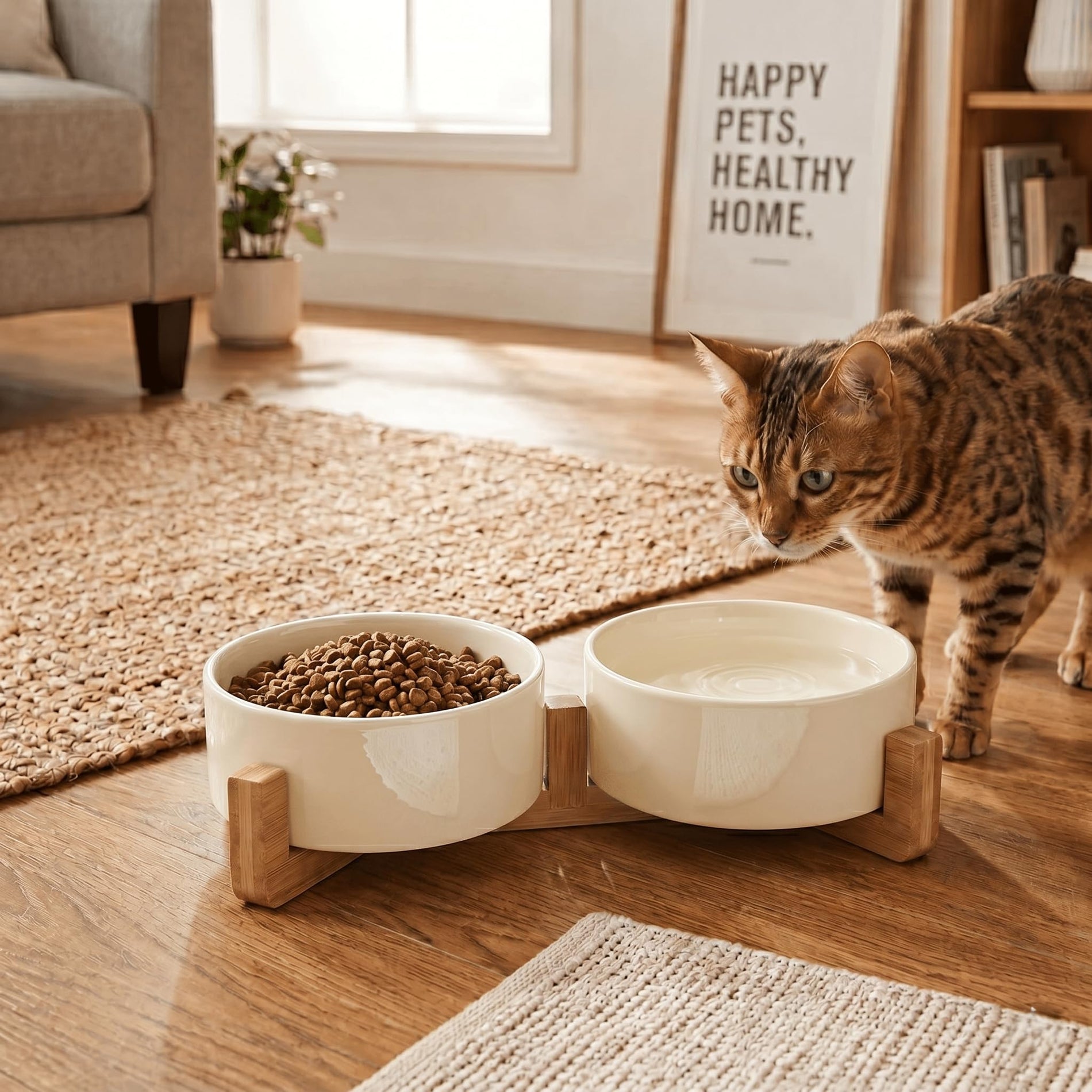 Ceramic Pet Bowl Set with Wooden Stand