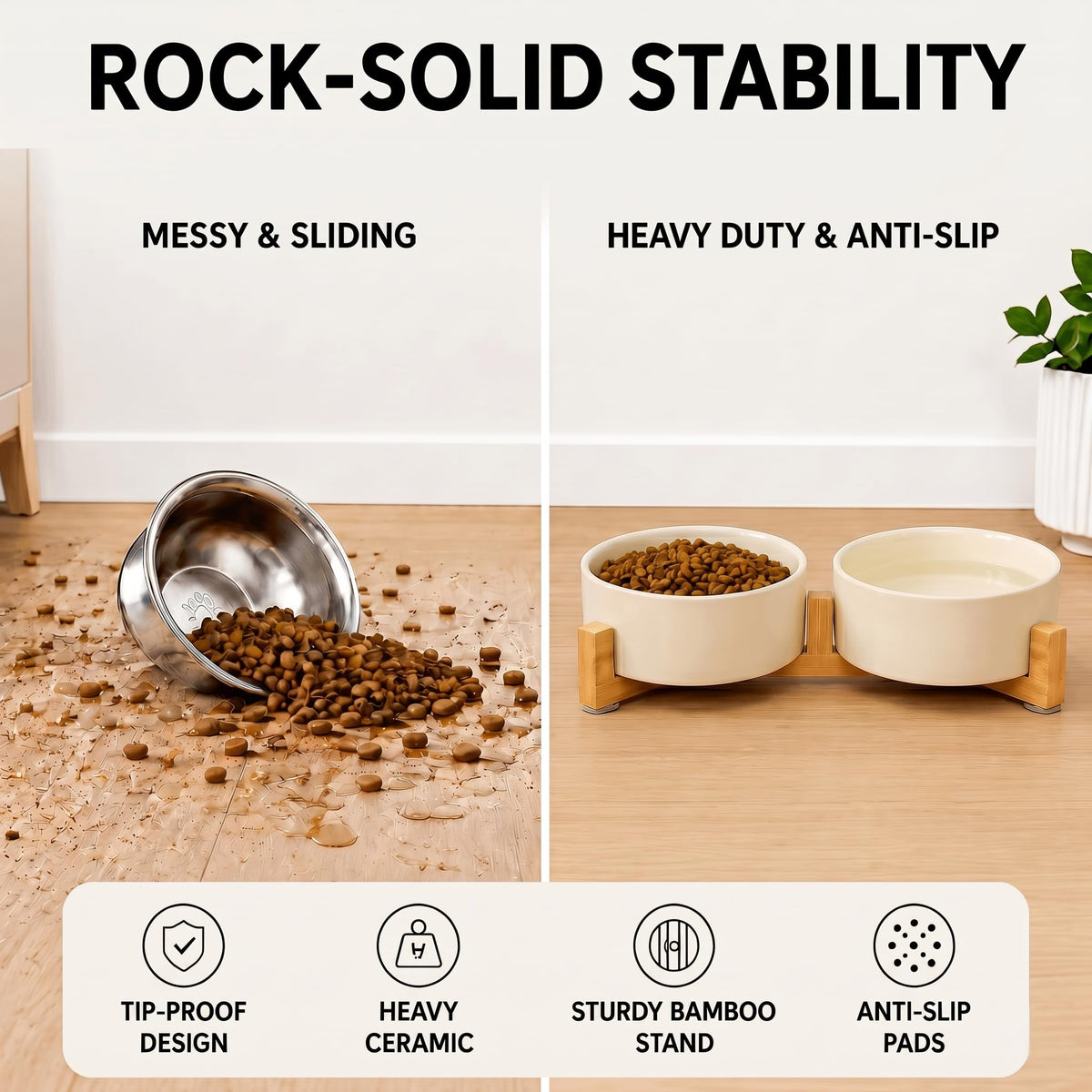 Ceramic Pet Bowl Set with Wooden Stand