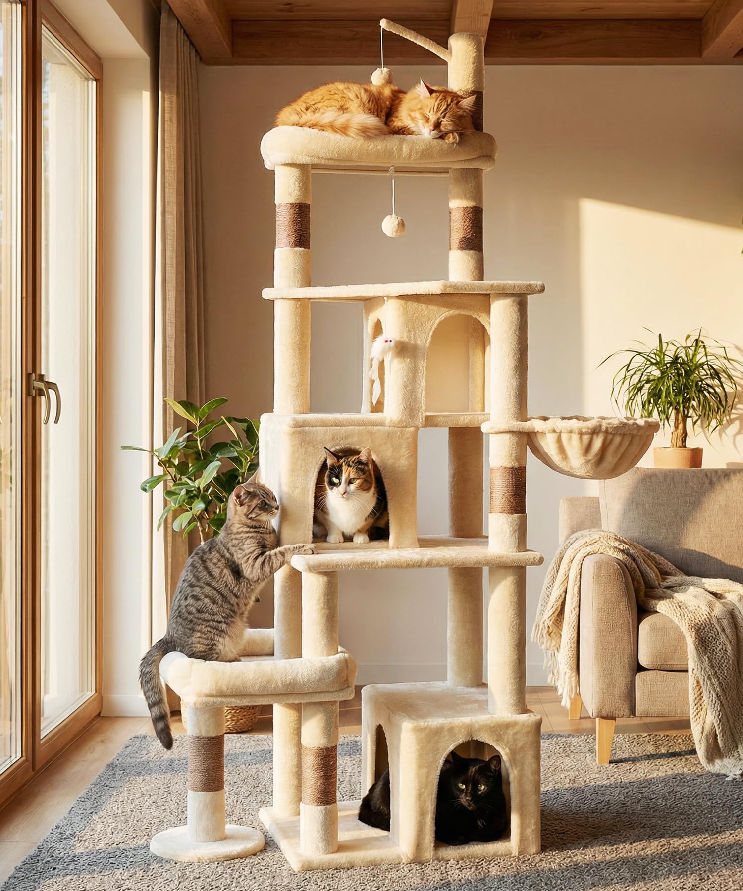LIKISAK Heavy Duty Cat Tree for Indoor Cat, 74 Inch Cat Tower with Scratching Post, Hanging Basket, Cat Condo with Large Platform for Large Cats